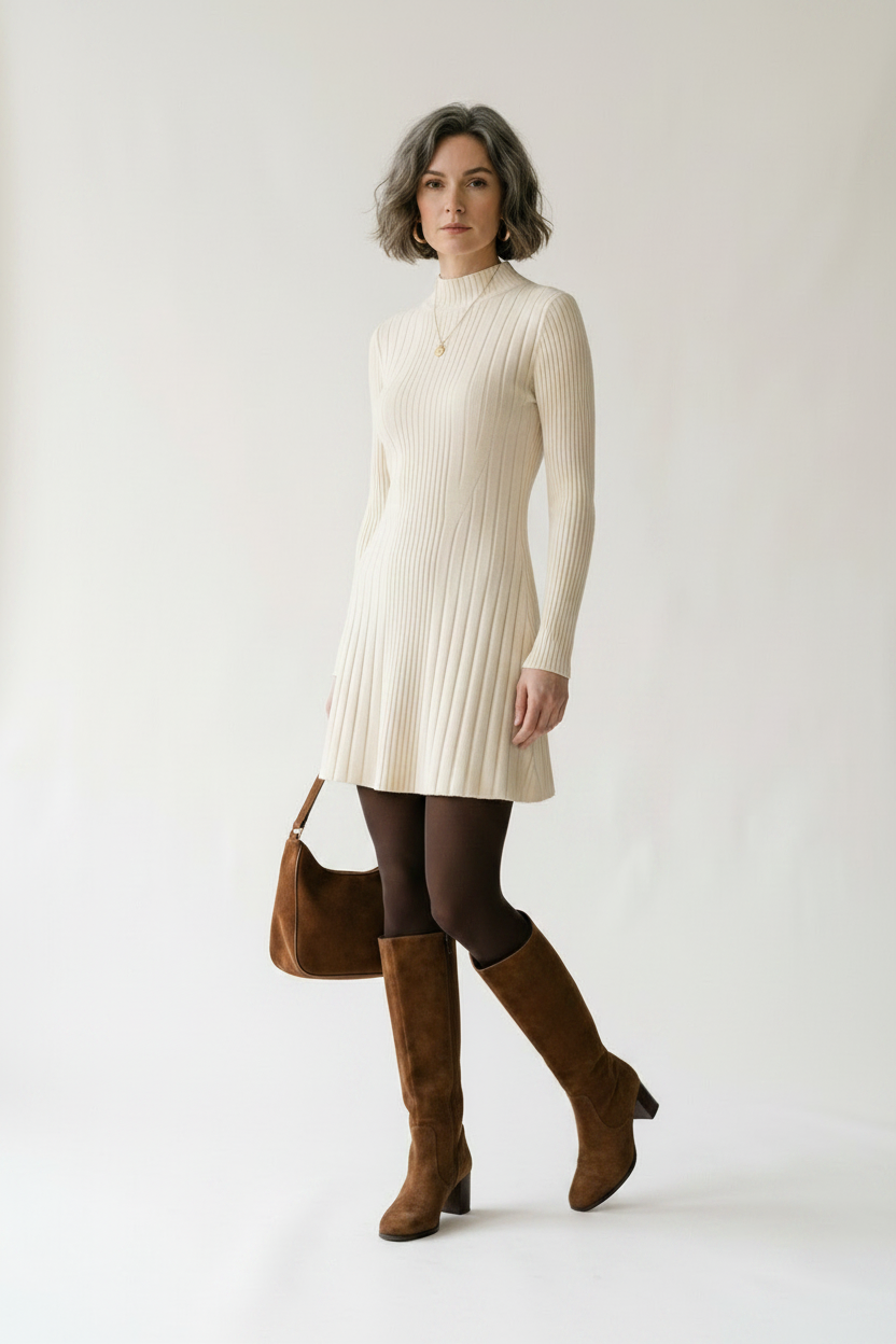 A woman stands against a plain light background wearing a cream ribbed long-sleeve mock-neck mini dress, dark tights, brown knee-high boots, and carrying a brown handbag.
