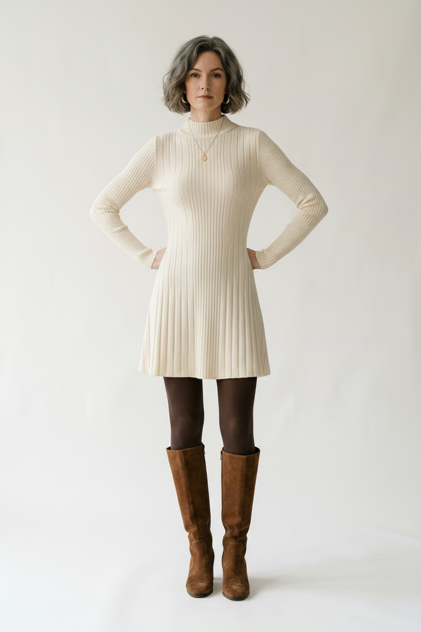 A woman stands against a plain light background wearing a cream ribbed long-sleeve mock-neck mini dress, dark tights, brown knee-high boots, and carrying a brown handbag.