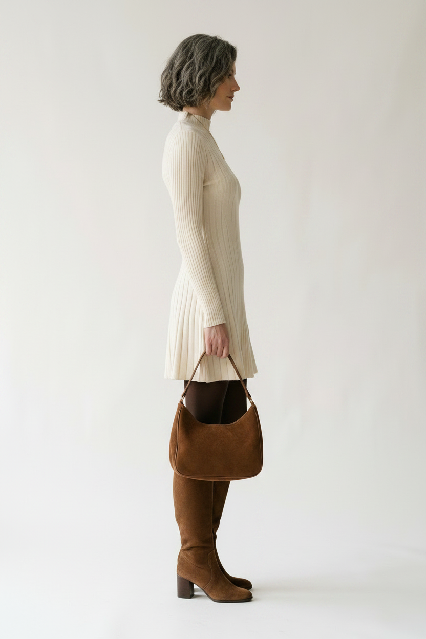 A woman stands against a plain light background wearing a cream ribbed long-sleeve mock-neck mini dress, dark tights, brown knee-high boots, and carrying a brown handbag.