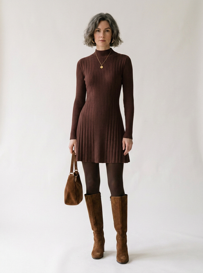 A woman stands against a plain light background wearing a ribbed long-sleeve mock-neck mini dress in dark brown, paired with dark tights, brown knee-high boots, and a brown handbag.