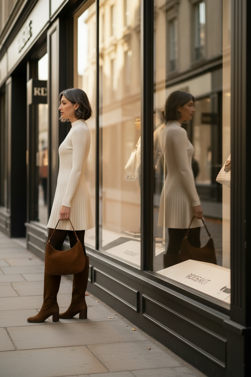A woman stands on a cobblestone street in a city, shown from the back wearing a cream ribbed long-sleeve pleated mini dress, brown knee-high boots, and carrying a brown leather shoulder bag.