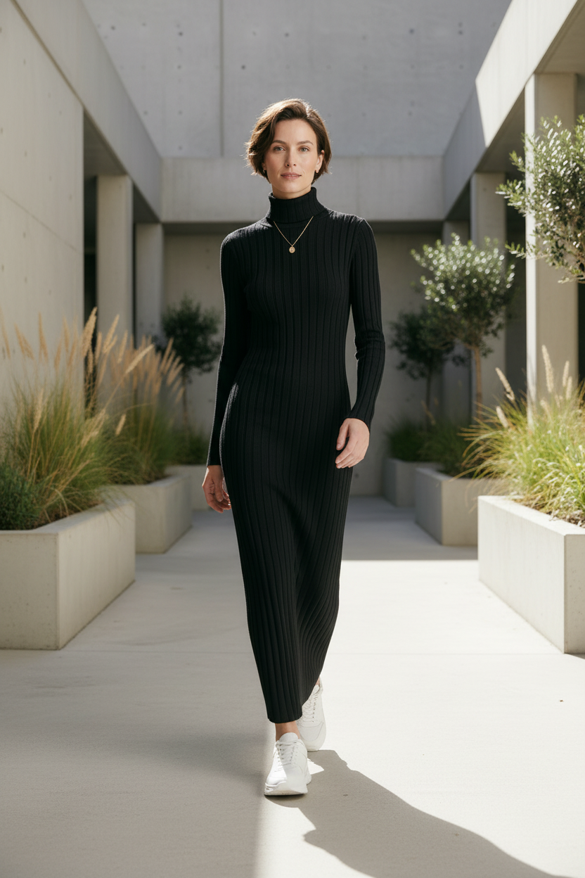 A woman modeling a black ribbed turtleneck maxi dress with long sleeves and a straight-leg fit, paired with white sneakers and a delicate gold necklace, against a solid light gray studio background.