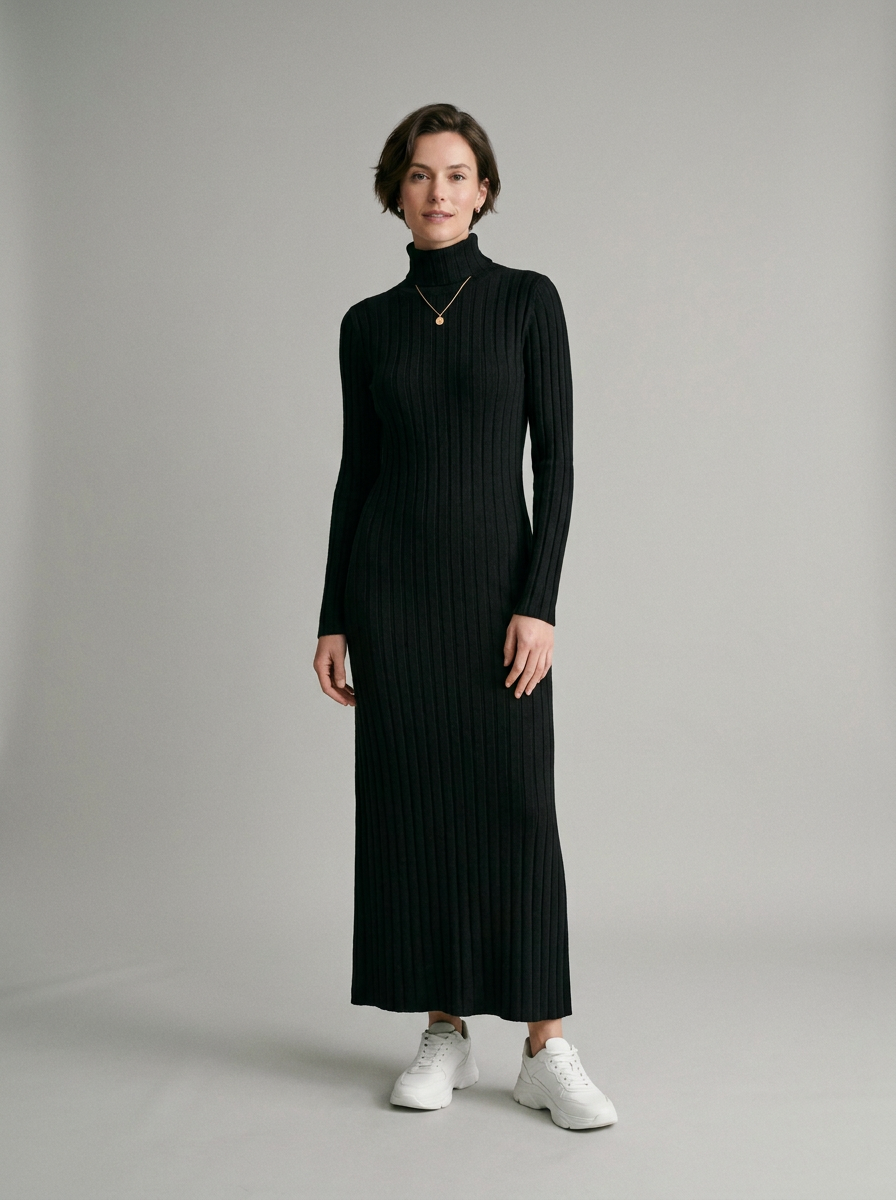 A woman modeling a long-sleeved, black ribbed turtleneck maxi dress with white sneakers, standing against a neutral light gray studio background.