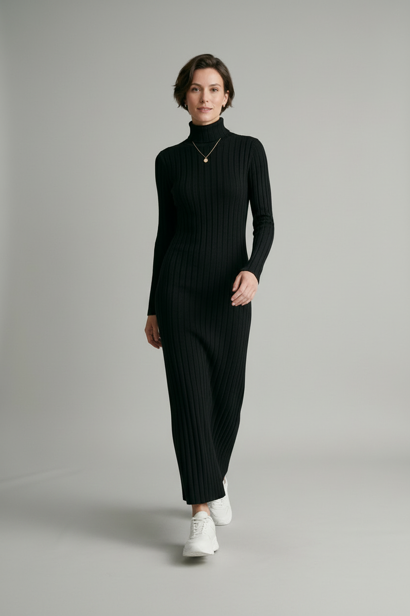 A woman modeling a long-sleeved, black ribbed turtleneck maxi dress with white sneakers, standing against a neutral light gray studio background.