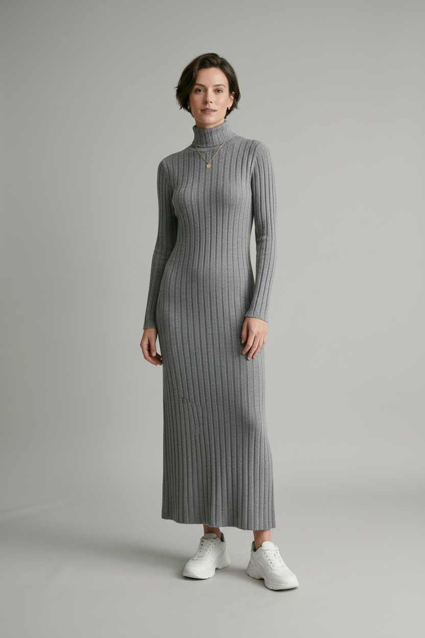 Long Sleeve Ribbed Knit Maxi Dress with Turtleneck in Gray, studio shot