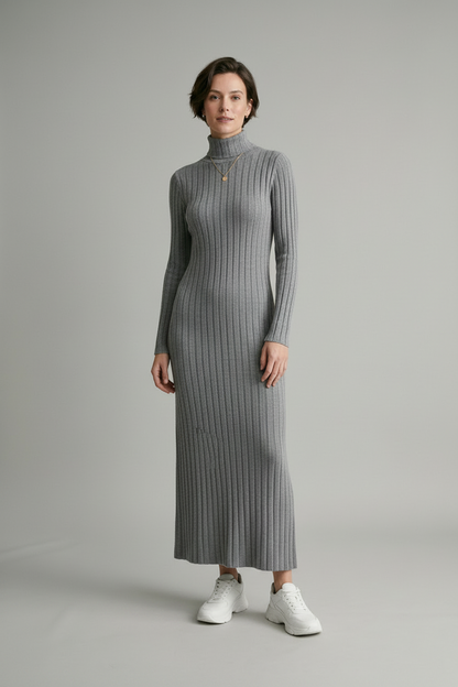 Long Sleeve Ribbed Knit Maxi Dress with Turtleneck in Gray, studio shot