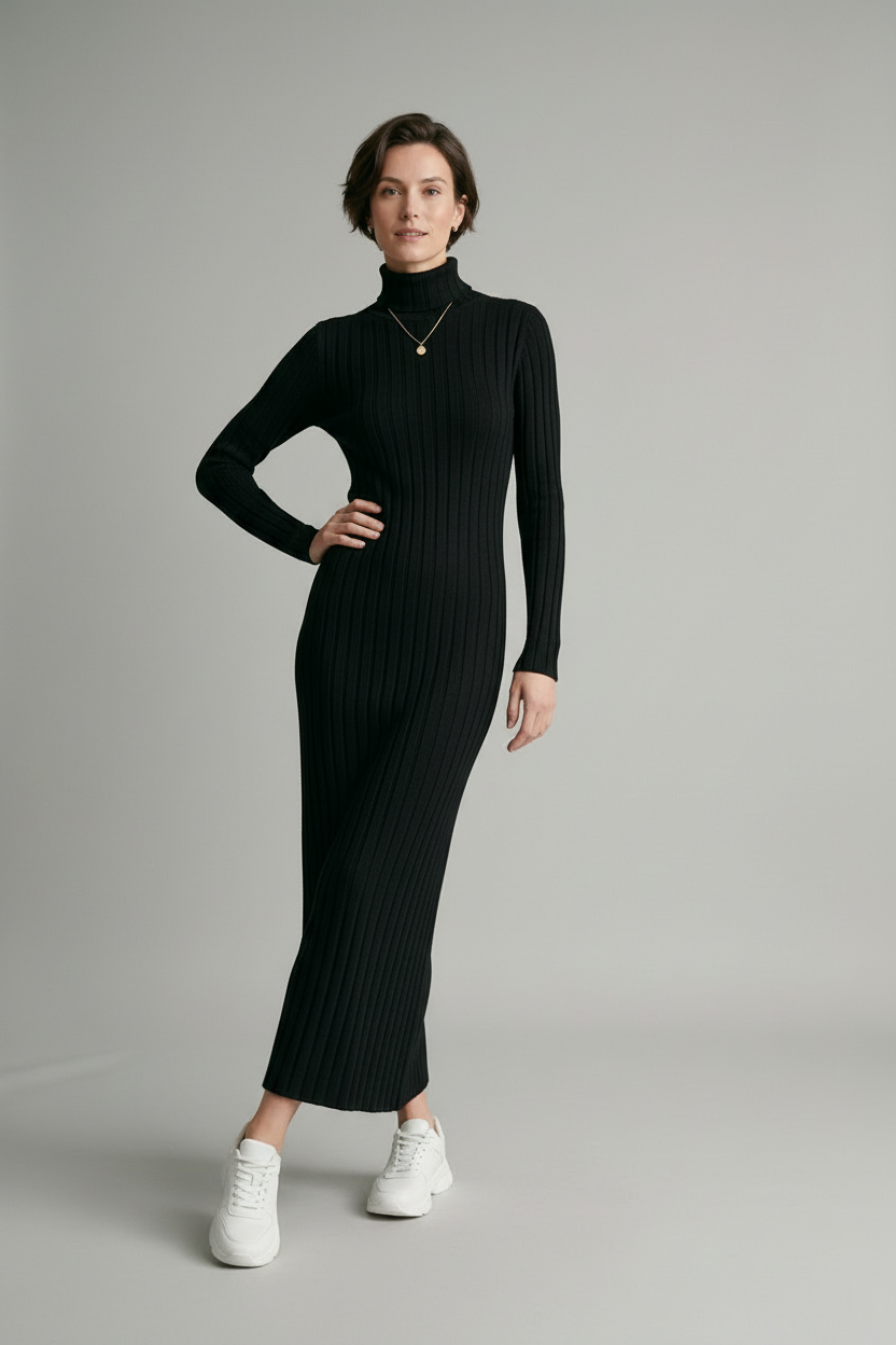 A woman modeling a long-sleeved, black ribbed turtleneck maxi dress with white sneakers, standing against a neutral light gray studio background.