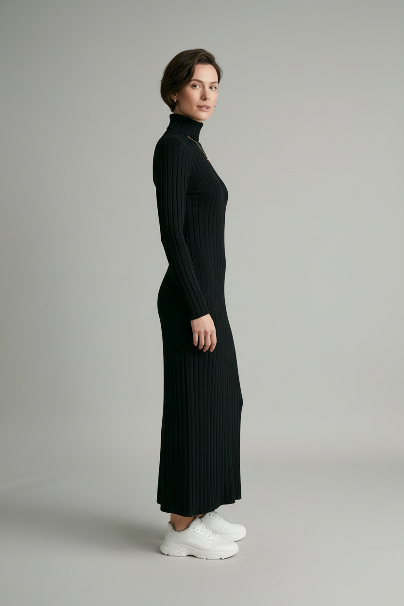 A woman modeling a long-sleeved, black ribbed turtleneck maxi dress with white sneakers, standing against a neutral light gray studio background.