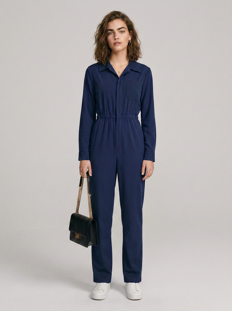 A woman stands against a light gray studio background wearing a navy blue long-sleeve jumpsuit with a front zipper, collar, drawstring waist, and straight legs. She is holding a small black shoulder bag with a gold chain strap and wearing white sneakers.