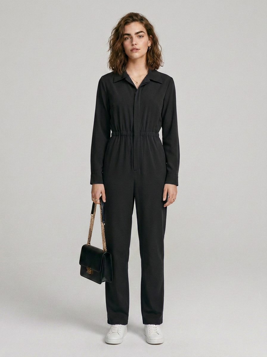 A woman stands against a light gray studio background wearing a black long-sleeve jumpsuit with a collar, front zipper, and drawstring waist. She is holding a small black handbag with a gold chain strap and wearing white sneakers.