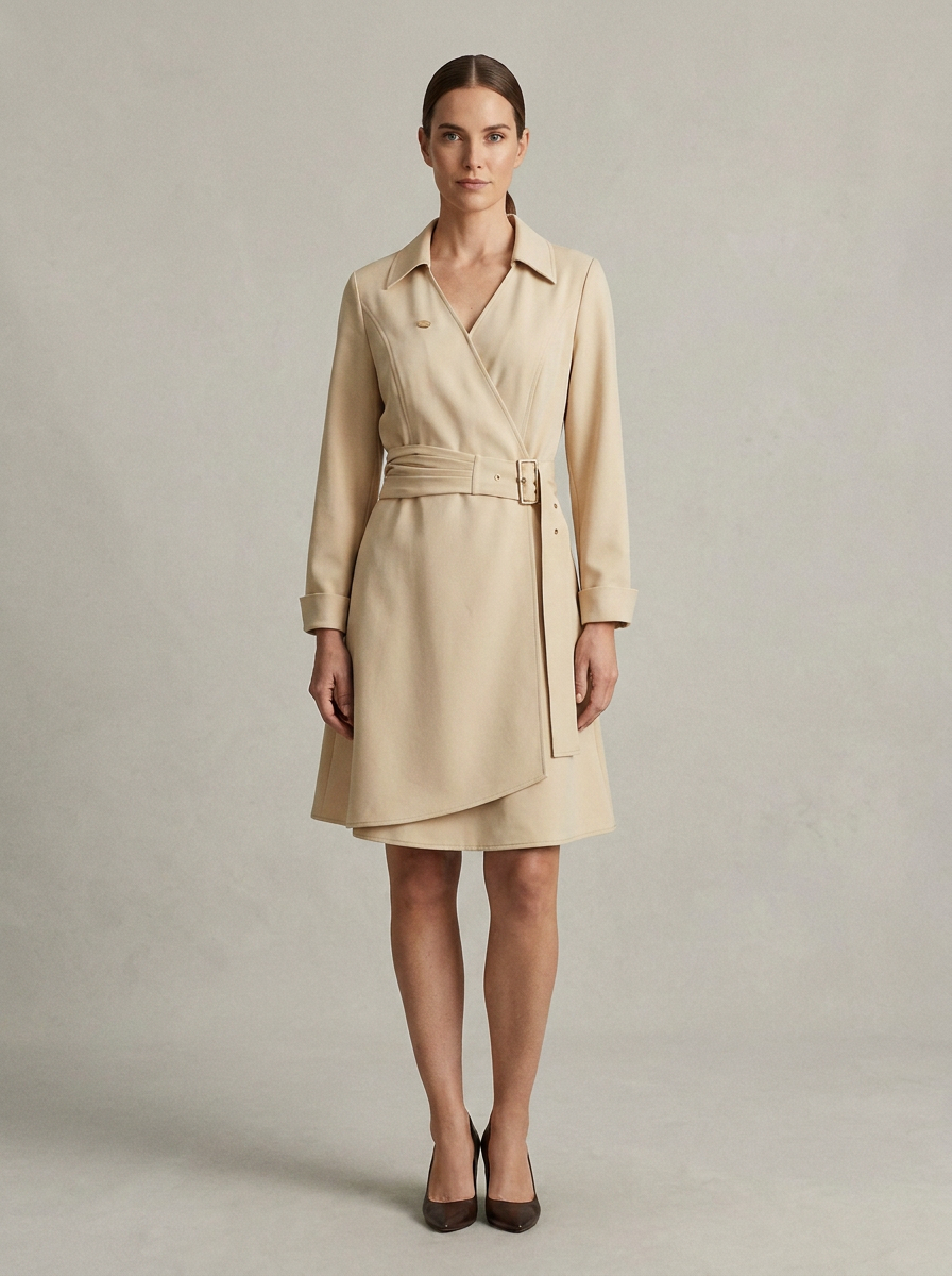 Long Sleeve Wrap Midi Dress with Waist Tie and Collar in Yellow, studio shot