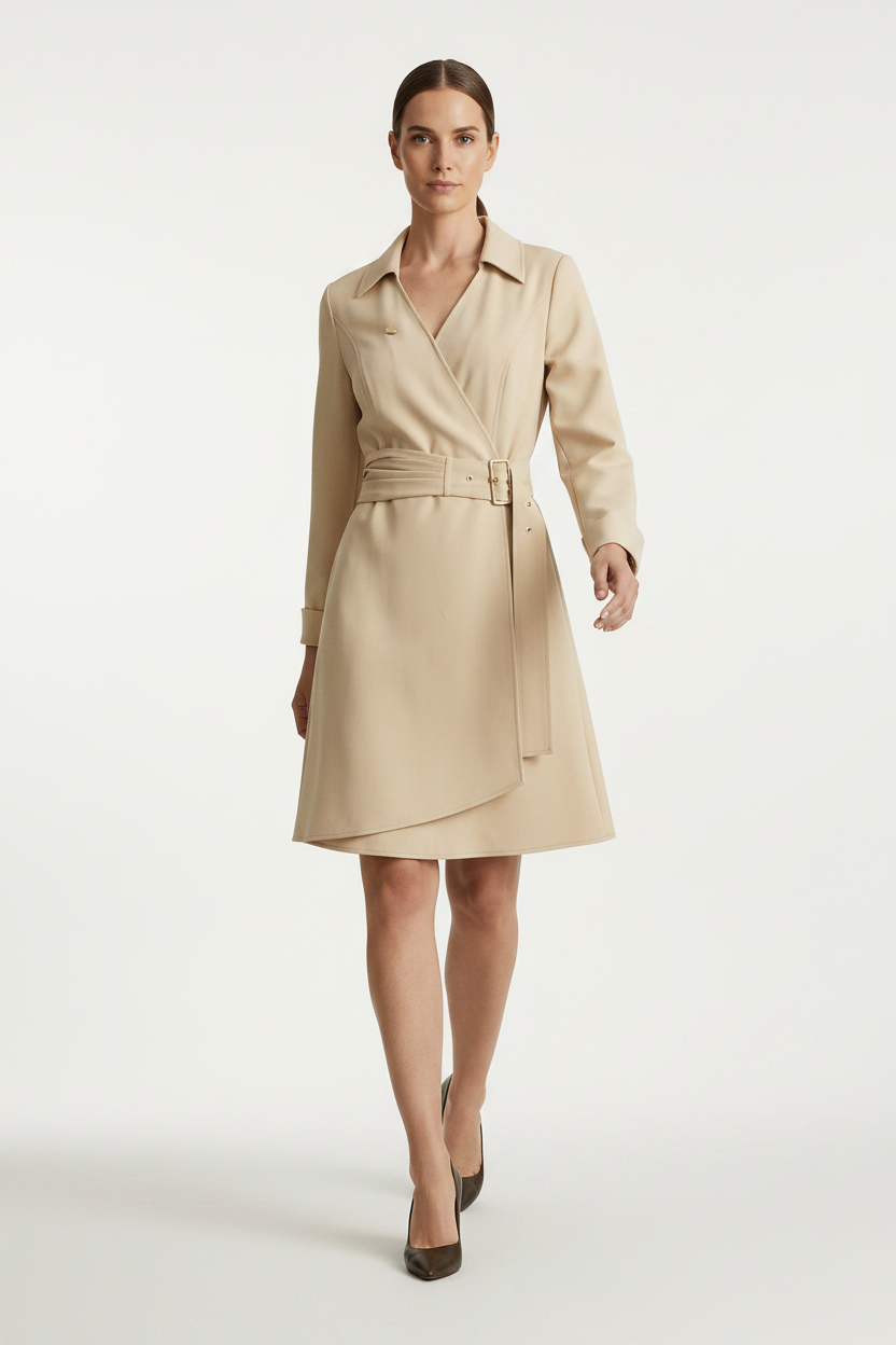 A woman modeling a beige wrap trench coat with a matching waist belt, photographed against a neutral light gray studio background.