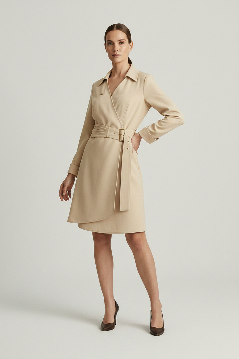 A woman modeling a beige wrap trench coat with a matching waist belt, photographed against a neutral light gray studio background.