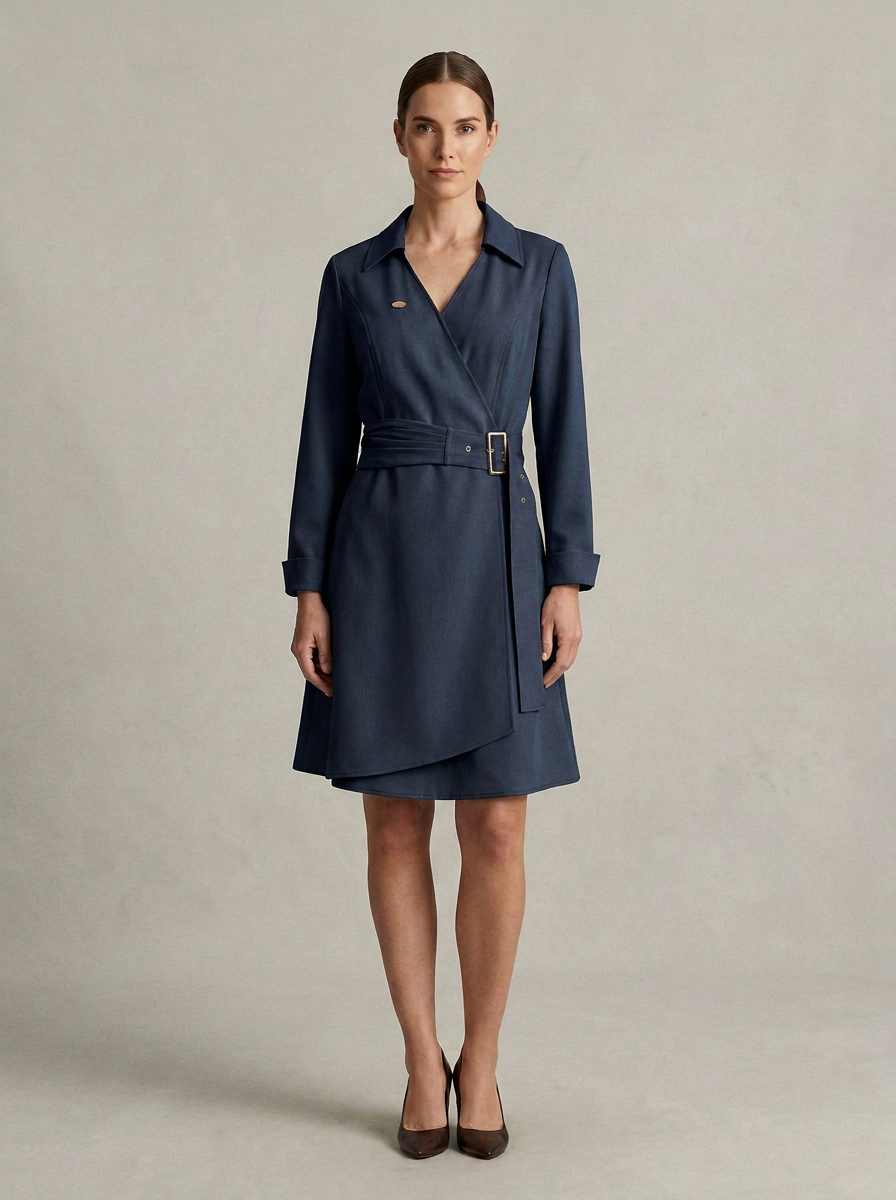 A woman modeling a navy blue wrap-style trench coat with a matching waist belt and gold-tone buckle, photographed against a neutral light gray studio backdrop.