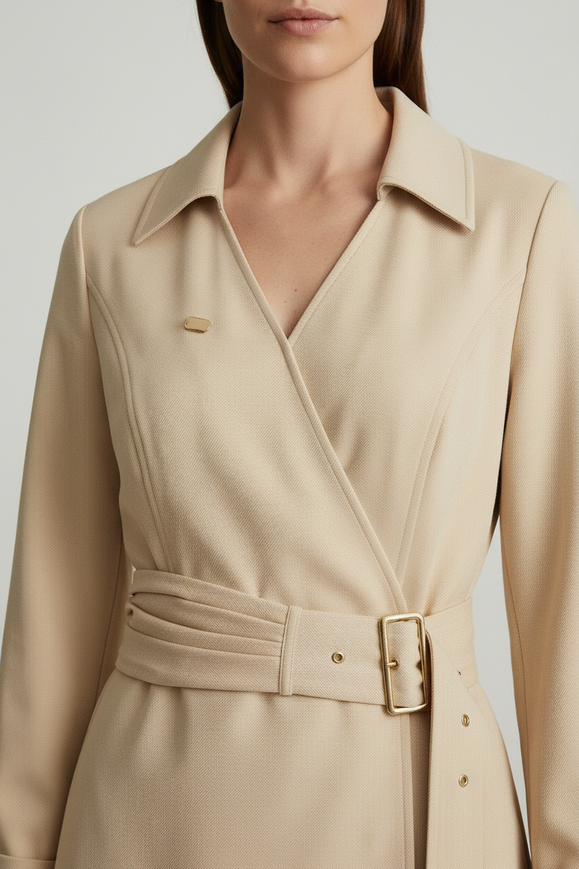 A woman modeling a beige wrap trench coat with a matching waist belt, photographed against a neutral light gray studio background.