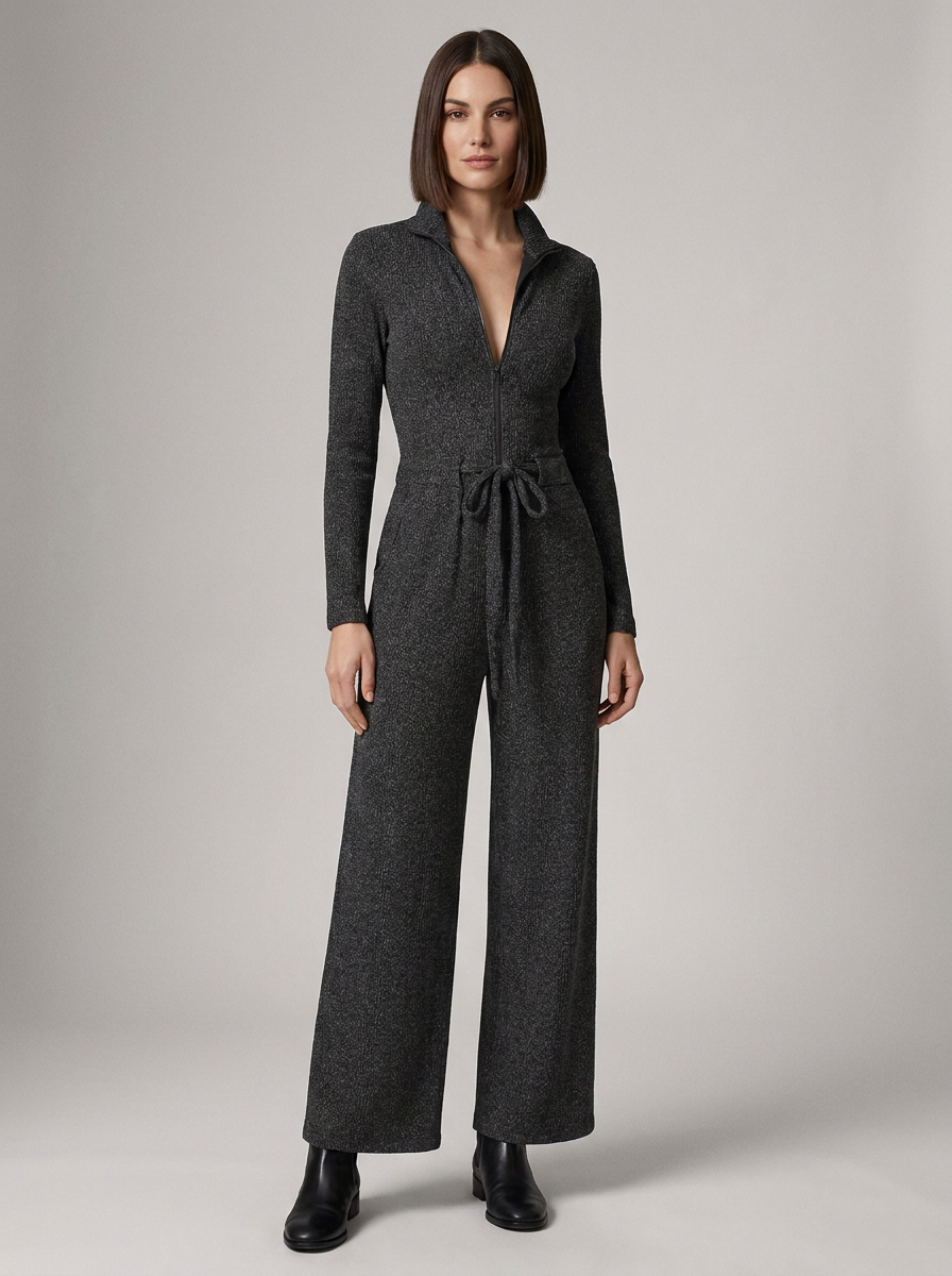 Long Sleeve Zip-Up Wide Leg Jumpsuit with Drawstring Waist in Black, studio shot