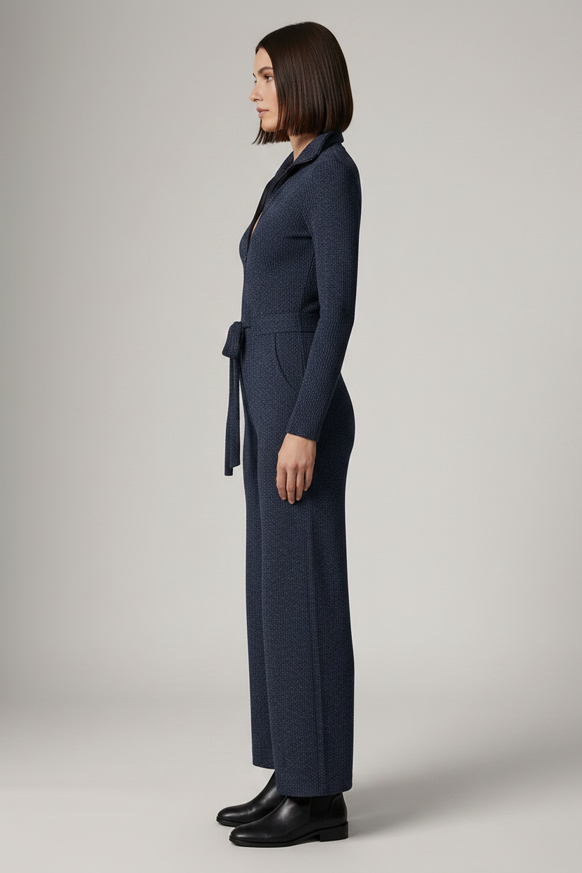 A woman modeling a dark navy blue knit jumpsuit with a collared neckline, front zipper, long sleeves, a tie waist, and wide legs, paired with black ankle boots against a neutral studio background.