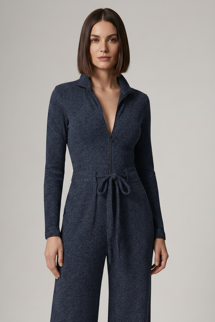 A woman modeling a dark navy blue knit jumpsuit with a collared neckline, front zipper, long sleeves, a tie waist, and wide legs, paired with black ankle boots against a neutral studio background.