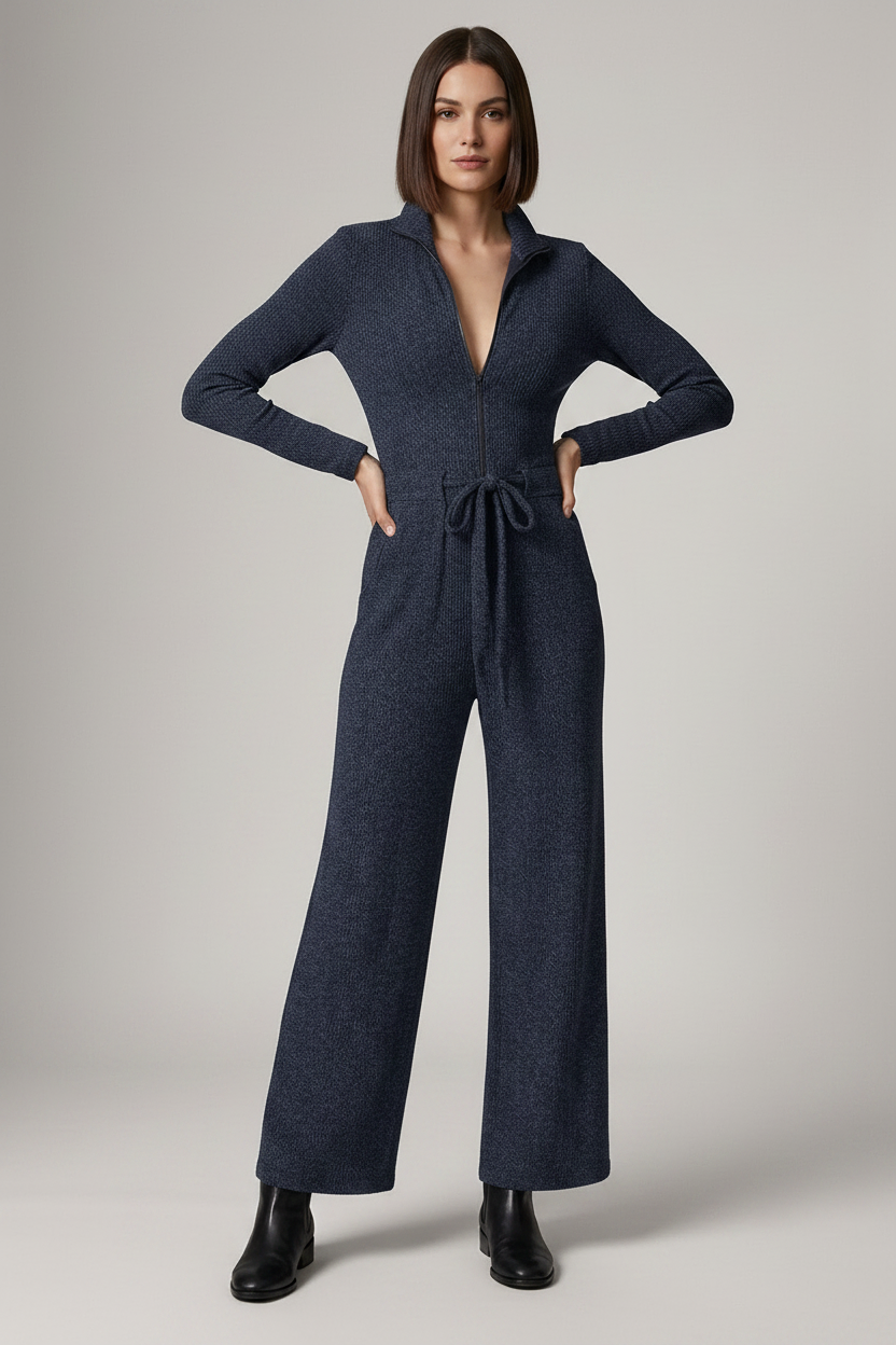A woman modeling a dark navy blue knit jumpsuit with a collared neckline, front zipper, long sleeves, a tie waist, and wide legs, paired with black ankle boots against a neutral studio background.