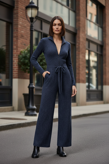 A woman stands on a city street wearing a dark navy blue knit jumpsuit with a tie waist, wide legs, and a split neckline. The background shows a brick building, windows, and a black street lamp.