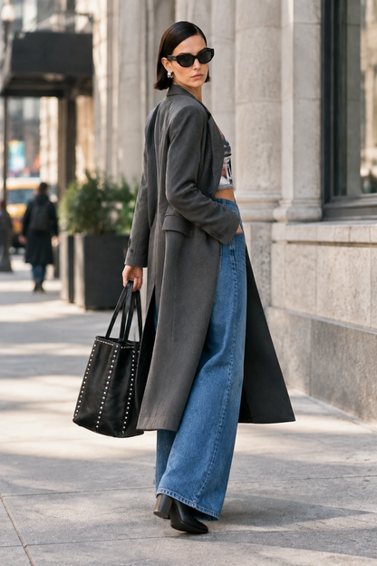 A woman stands on a city sidewalk wearing a long charcoal gray coat over a cropped graphic top and wide-leg blue jeans, holding a black studded tote bag. The background shows a stone building and blurred street elements.