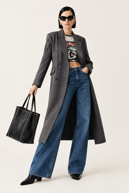 A model stands against a light beige studio background wearing a long charcoal gray double-breasted blazer over a cropped graphic tee, blue wide-leg jeans, black pointed-toe heels, and black sunglasses, while holding a black studded leather tote bag.