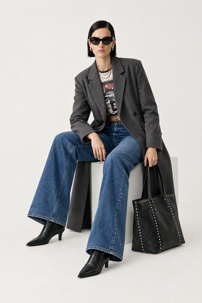 A model sits on a white block wearing a dark gray oversized blazer, wide-leg blue jeans, black pointed-toe boots, and black sunglasses, with a black studded tote bag beside her on a light gray studio background.