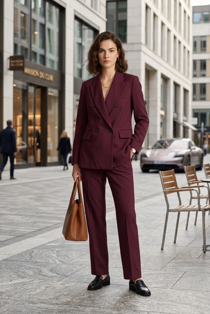 A woman models a matching burgundy double-breasted blazer and trousers suit, holding a brown leather handbag and wearing black loafers, against a plain off-white studio background.