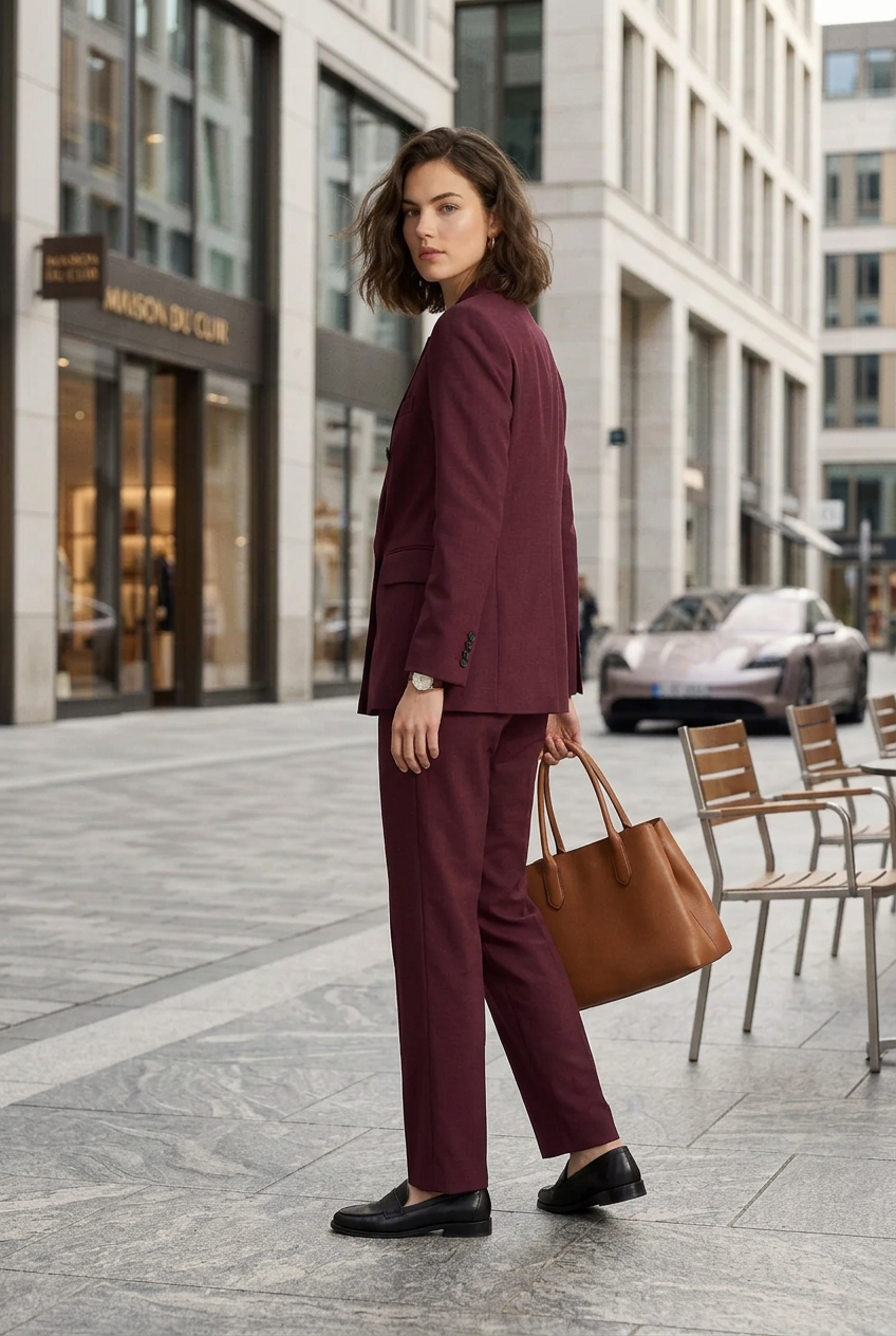 A woman stands on a city sidewalk wearing a tailored double-breasted blazer and matching trousers in deep burgundy, paired with black loafers and a tan leather tote bag. Buildings, pedestrians, and outdoor chairs are visible in the background.