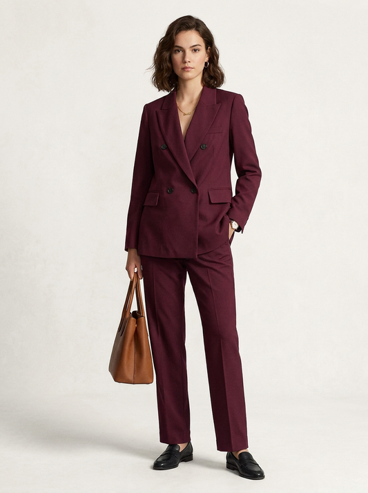 A woman models a matching burgundy double-breasted blazer and trousers suit, holding a brown leather handbag and wearing black loafers, against a plain off-white studio background.