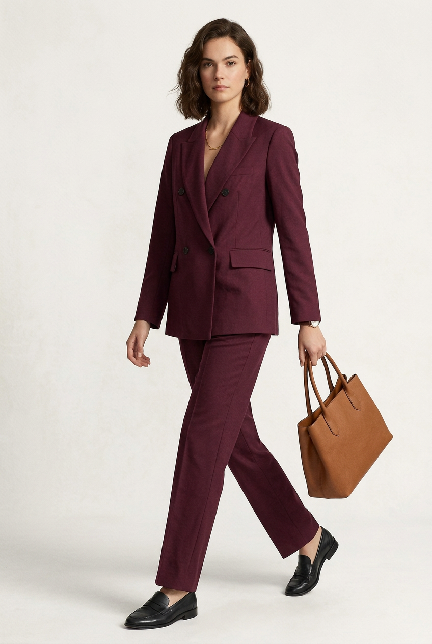A woman models a matching burgundy double-breasted blazer and trousers suit, holding a brown leather handbag and wearing black loafers, against a plain off-white studio background.