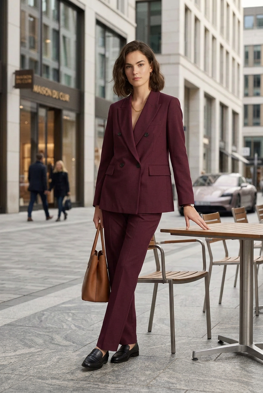 A woman stands on a city sidewalk wearing a tailored double-breasted blazer and matching trousers in deep burgundy, paired with black loafers and a tan leather tote bag. Buildings, pedestrians, and outdoor chairs are visible in the background.
