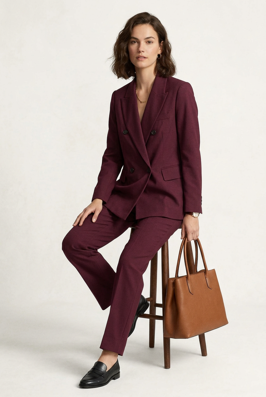 A woman models a matching burgundy double-breasted blazer and trousers suit, holding a brown leather handbag and wearing black loafers, against a plain off-white studio background.