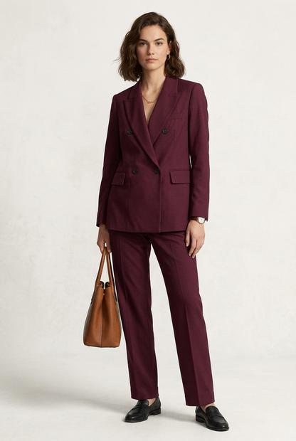 A woman models a matching burgundy double-breasted blazer and trousers suit, holding a brown leather handbag and wearing black loafers, against a plain off-white studio background.