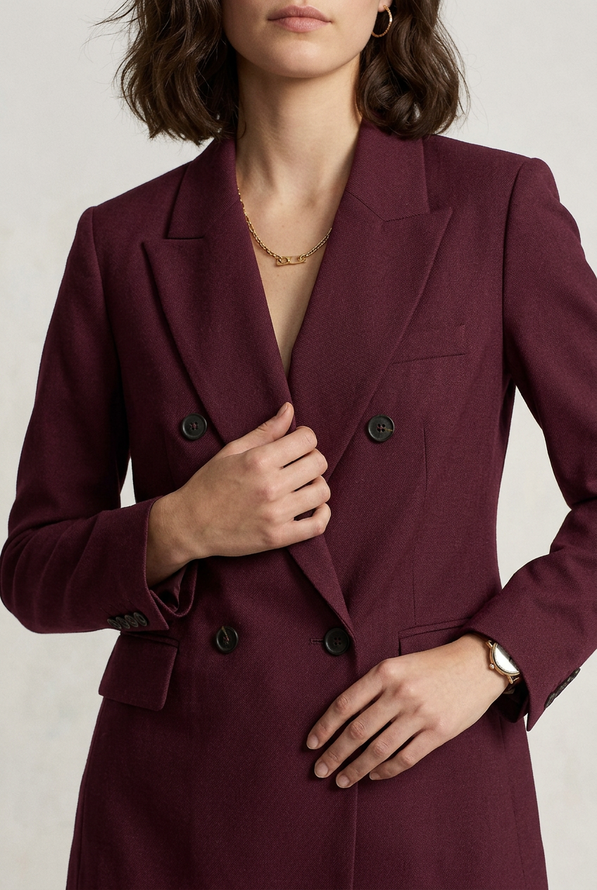 A woman models a matching burgundy double-breasted blazer and trousers suit, holding a brown leather handbag and wearing black loafers, against a plain off-white studio background.