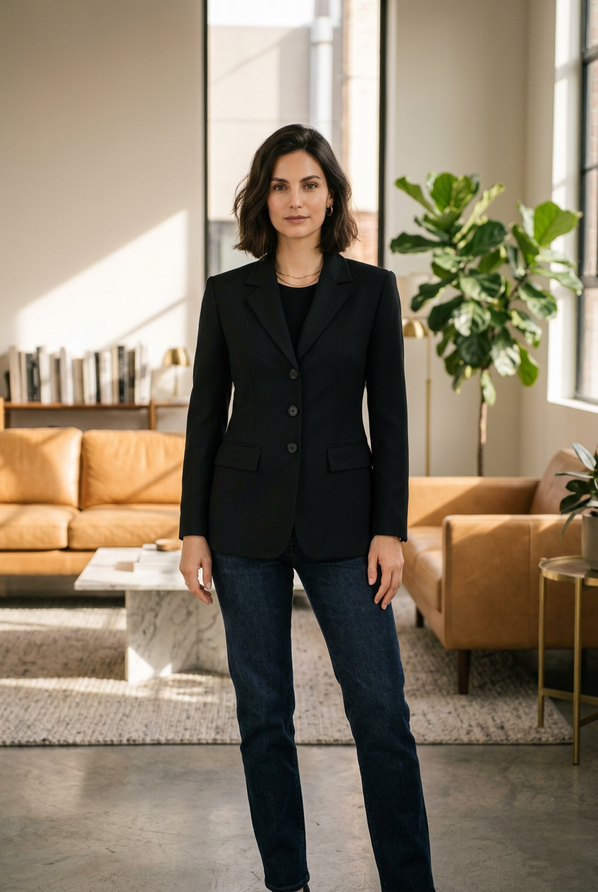 A woman modeling a black tailored blazer with notched lapels and three front buttons, worn over a black top and dark blue jeans, standing against a plain light gray studio background.