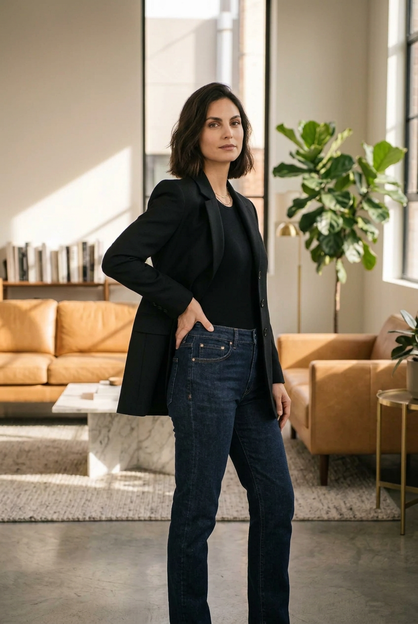 A woman stands in a modern living room wearing a black tailored blazer over a black top with dark blue jeans.