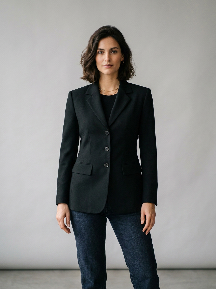 A woman modeling a black tailored blazer with notched lapels and three front buttons, worn over a black top and dark blue jeans, standing against a plain light gray studio background.