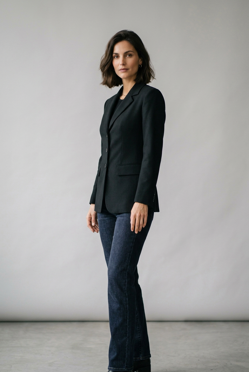 A woman modeling a black tailored blazer with notched lapels and three front buttons, worn over a black top and dark blue jeans, standing against a plain light gray studio background.