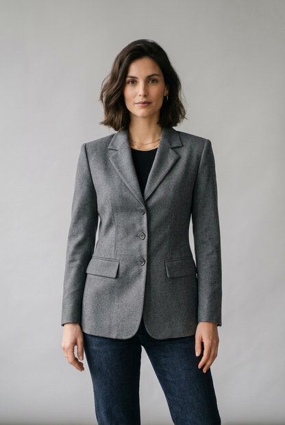 Longline Single Breasted Blazer with Structured Shoulders in Gray, studio shot