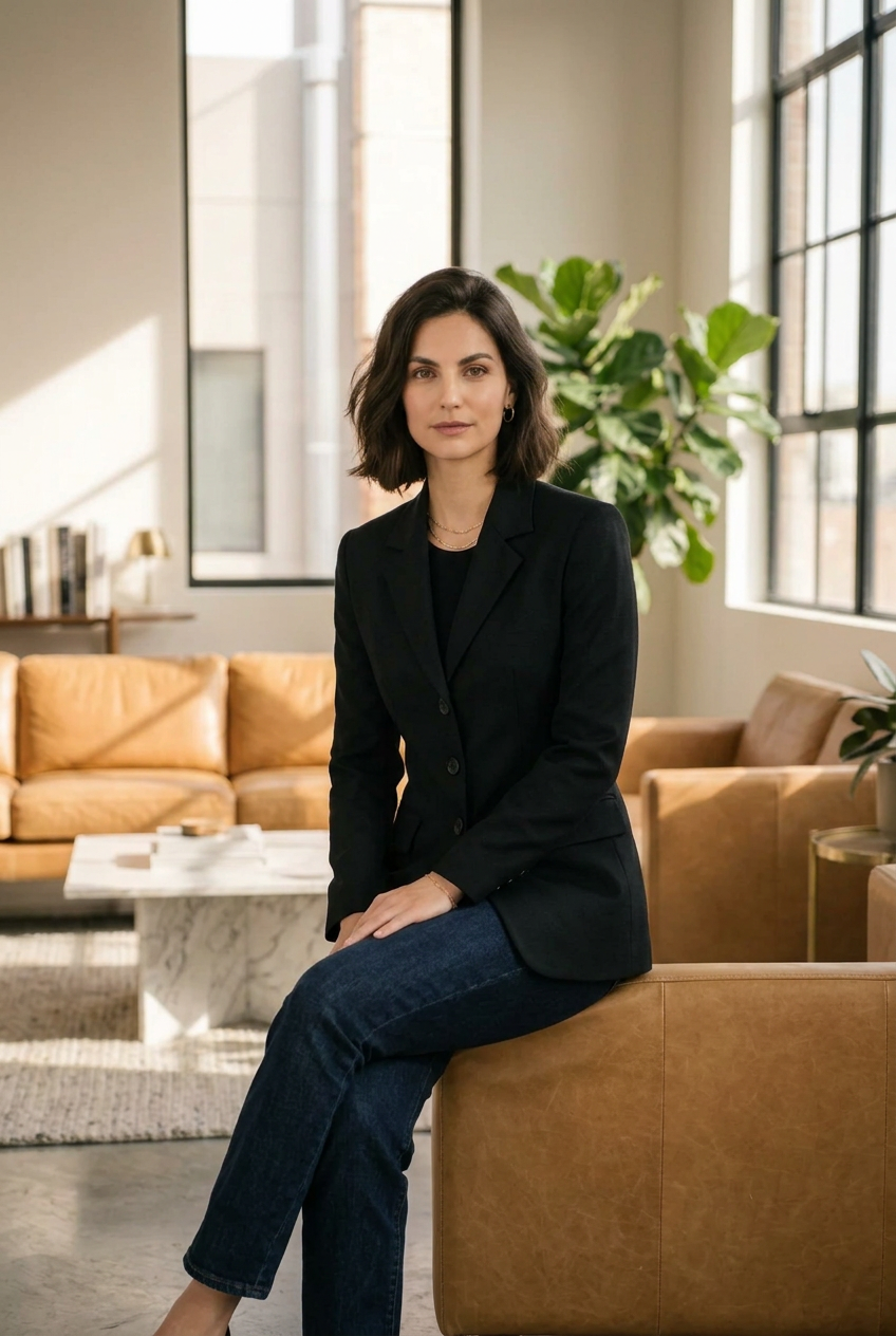 A woman stands in a modern living room wearing a black tailored blazer over a black top with dark blue jeans.