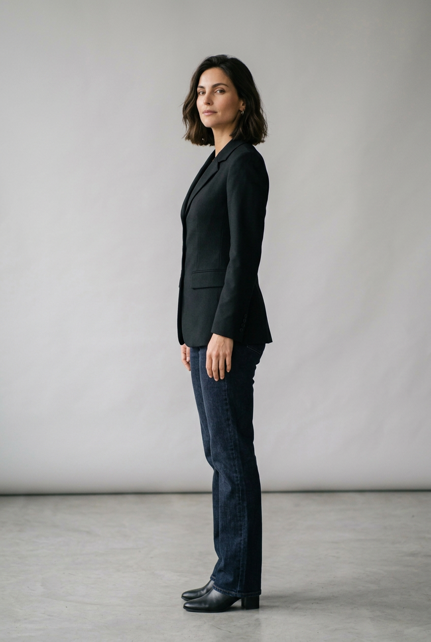 A woman modeling a black tailored blazer with notched lapels and three front buttons, worn over a black top and dark blue jeans, standing against a plain light gray studio background.
