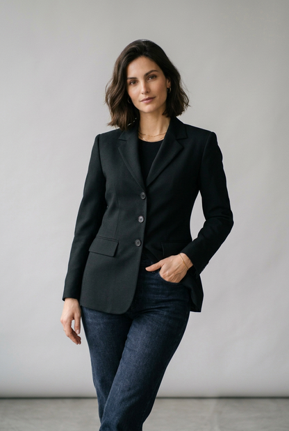 A woman modeling a black tailored blazer with notched lapels and three front buttons, worn over a black top and dark blue jeans, standing against a plain light gray studio background.