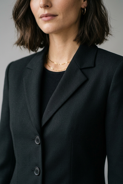 A woman modeling a black tailored blazer with notched lapels and three front buttons, worn over a black top and dark blue jeans, standing against a plain light gray studio background.