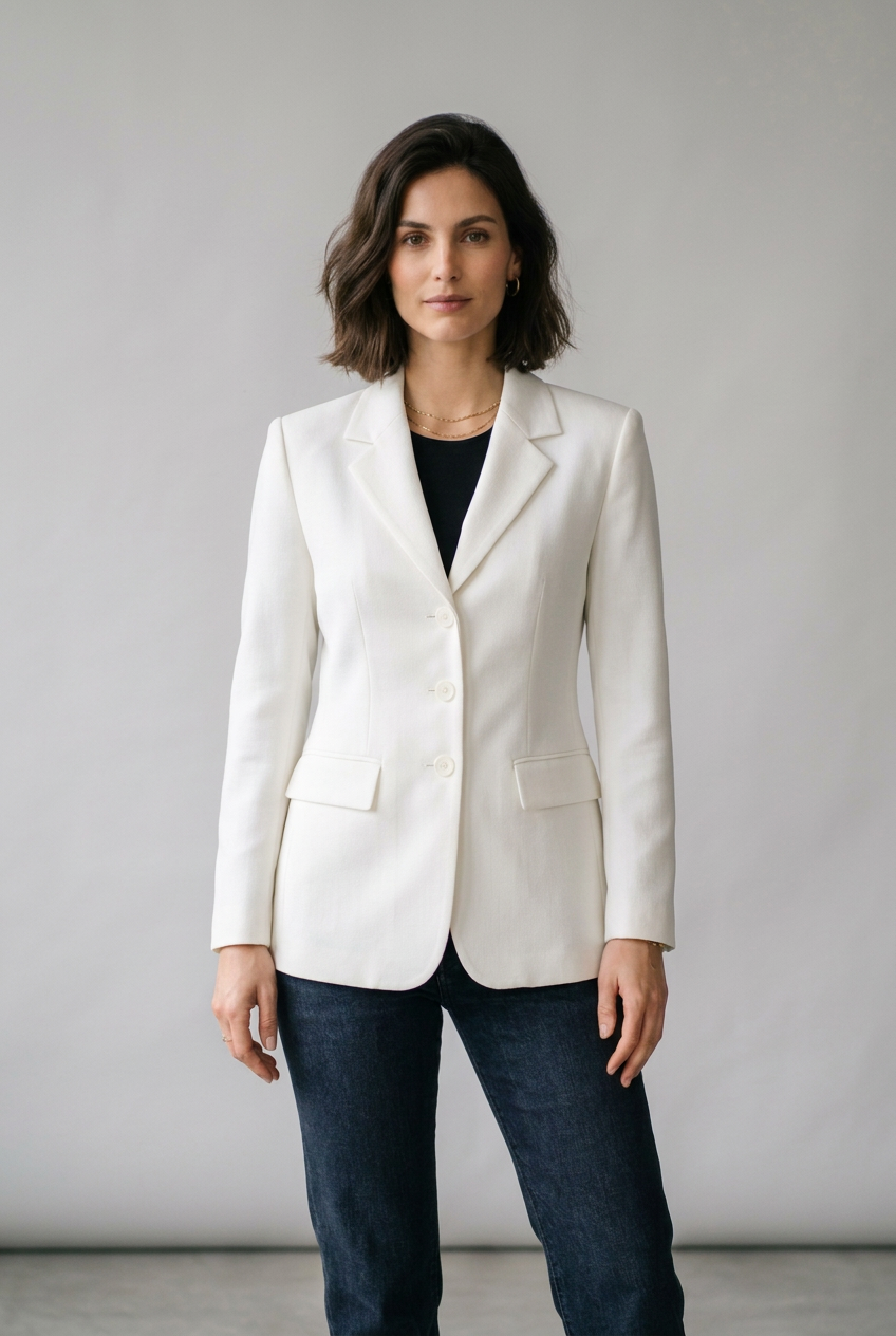 Longline Single Breasted Blazer with Structured Shoulders in White, studio shot