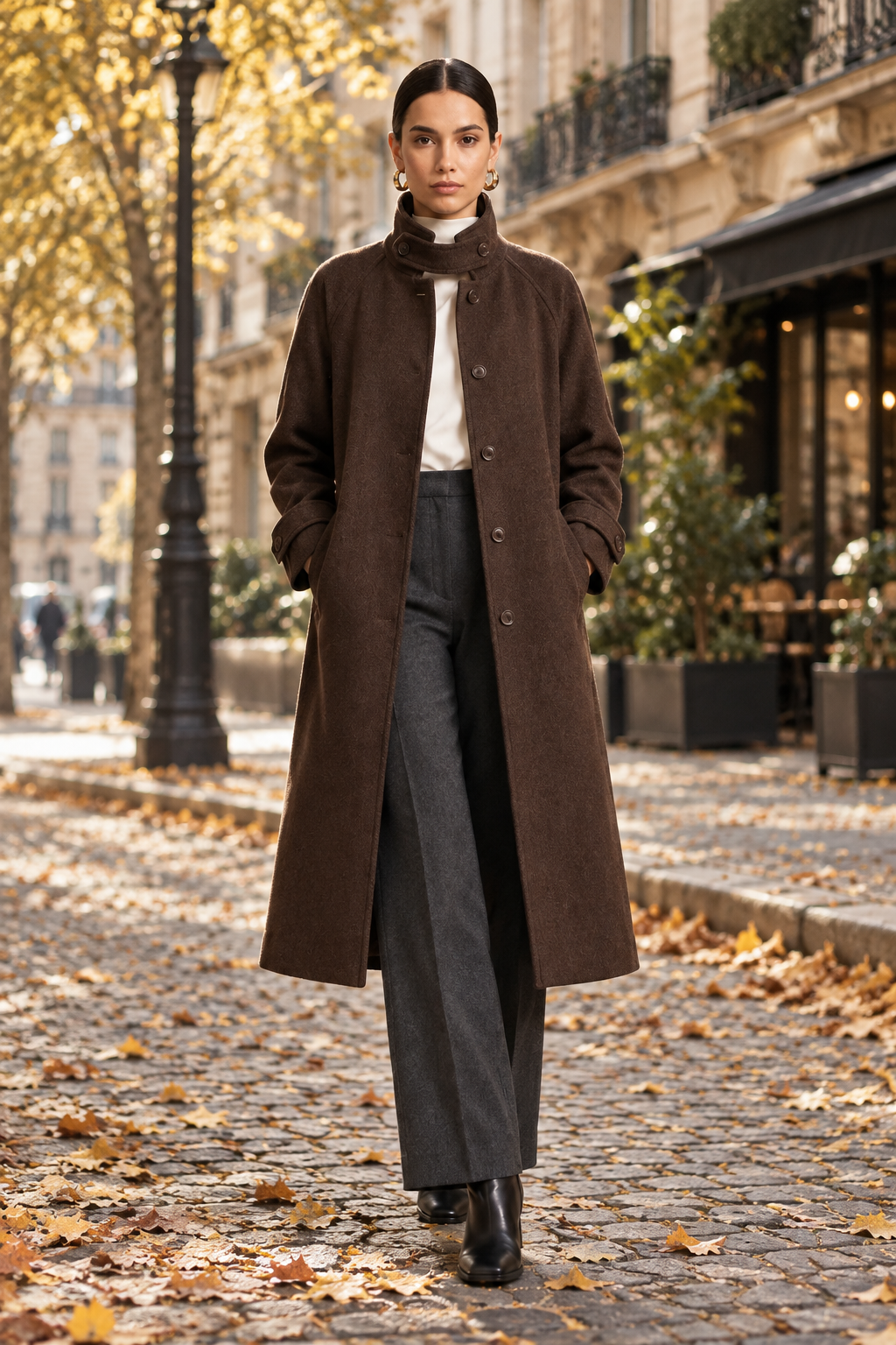 A woman stands on a cobblestone street in Paris wearing a long brown coat over a white turtleneck, wide-leg charcoal gray trousers, and black ankle boots. Fallen leaves cover the street, with trees and a Parisian-style building in the background.