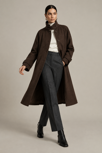 A model is shown wearing a long brown wool-blend coat with a high mock neck, styled with a white turtleneck, dark gray trousers, and black ankle boots, set against a plain light gray studio background.
