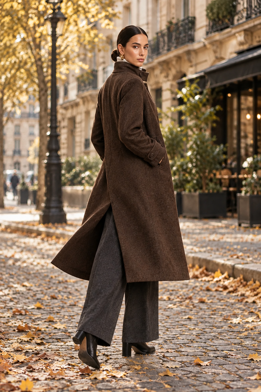 A woman stands on a cobblestone street in Paris wearing a long brown wool coat, wide-leg charcoal gray trousers, and black heels, with autumn leaves scattered on the ground and buildings in the background.