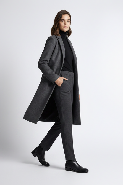A woman modeling a long charcoal gray wool-blend coat over a black turtleneck, dark gray trousers, and black ankle boots, standing against a light gray studio background.