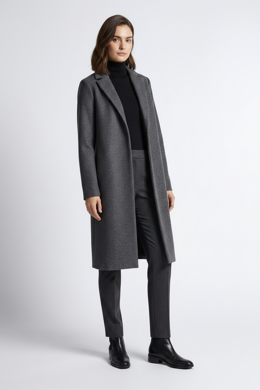 A woman modeling a long charcoal gray wool-blend coat over a black turtleneck, dark gray trousers, and black ankle boots, standing against a light gray studio background.